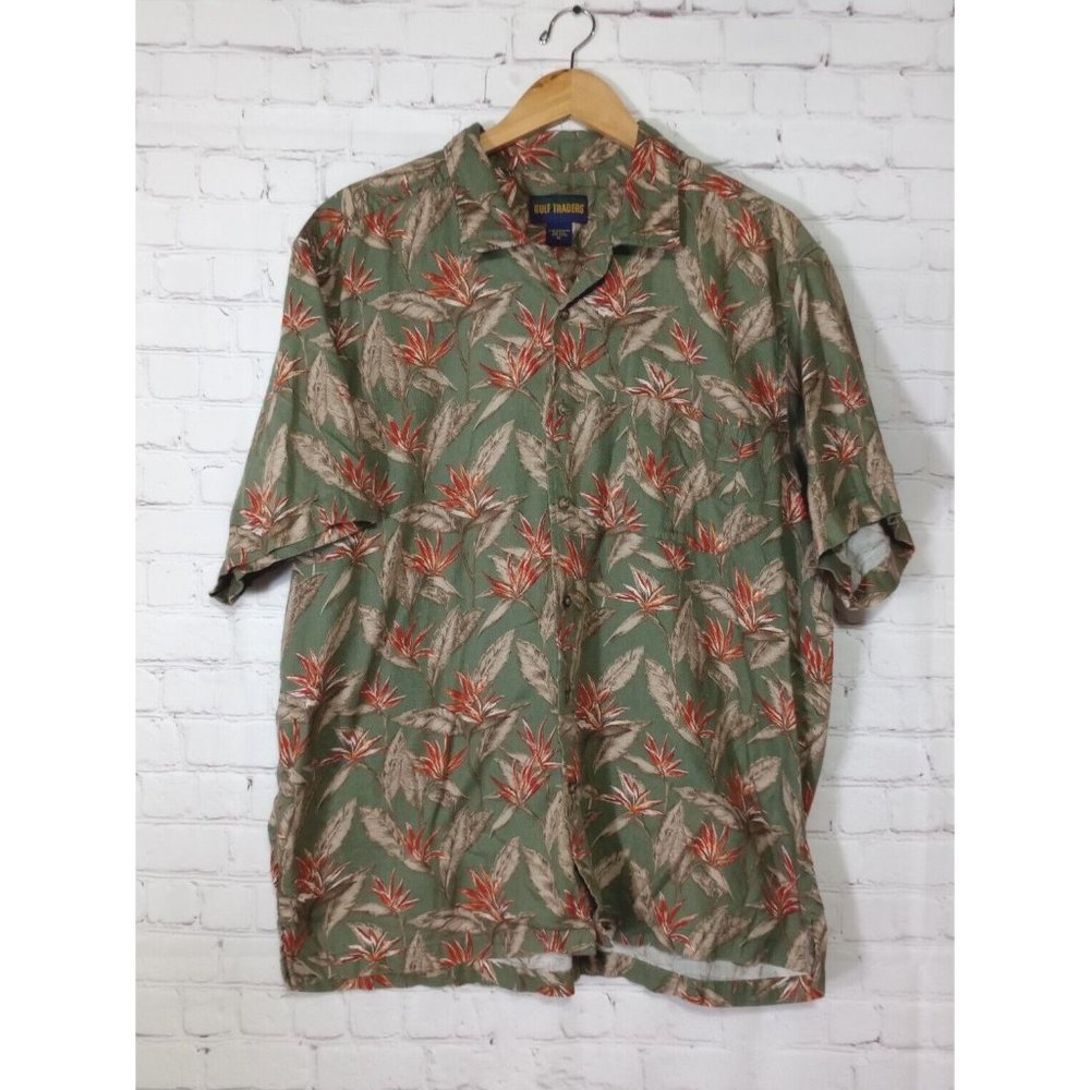Gulf Traders Men's Hawaiian Tropical Shirt Green Short Sleeve Size XL Cotton